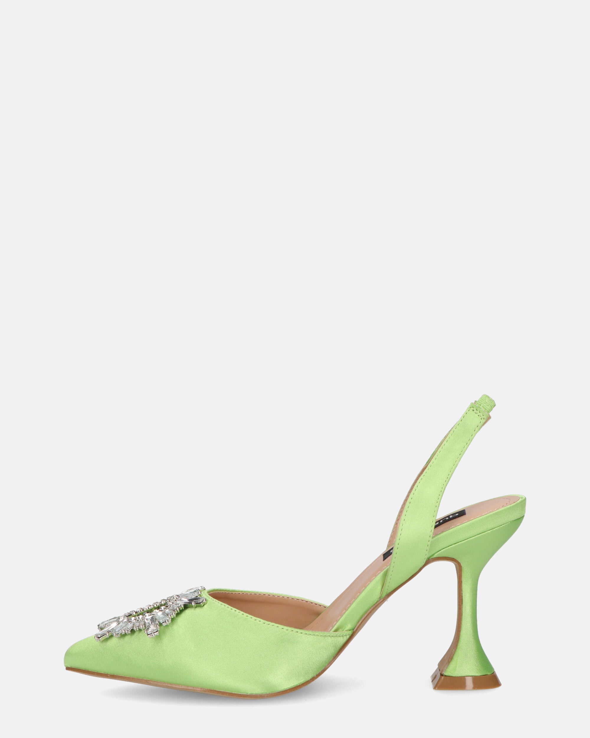 MAGDA - heeled shoe in apple green satin with decorative gems