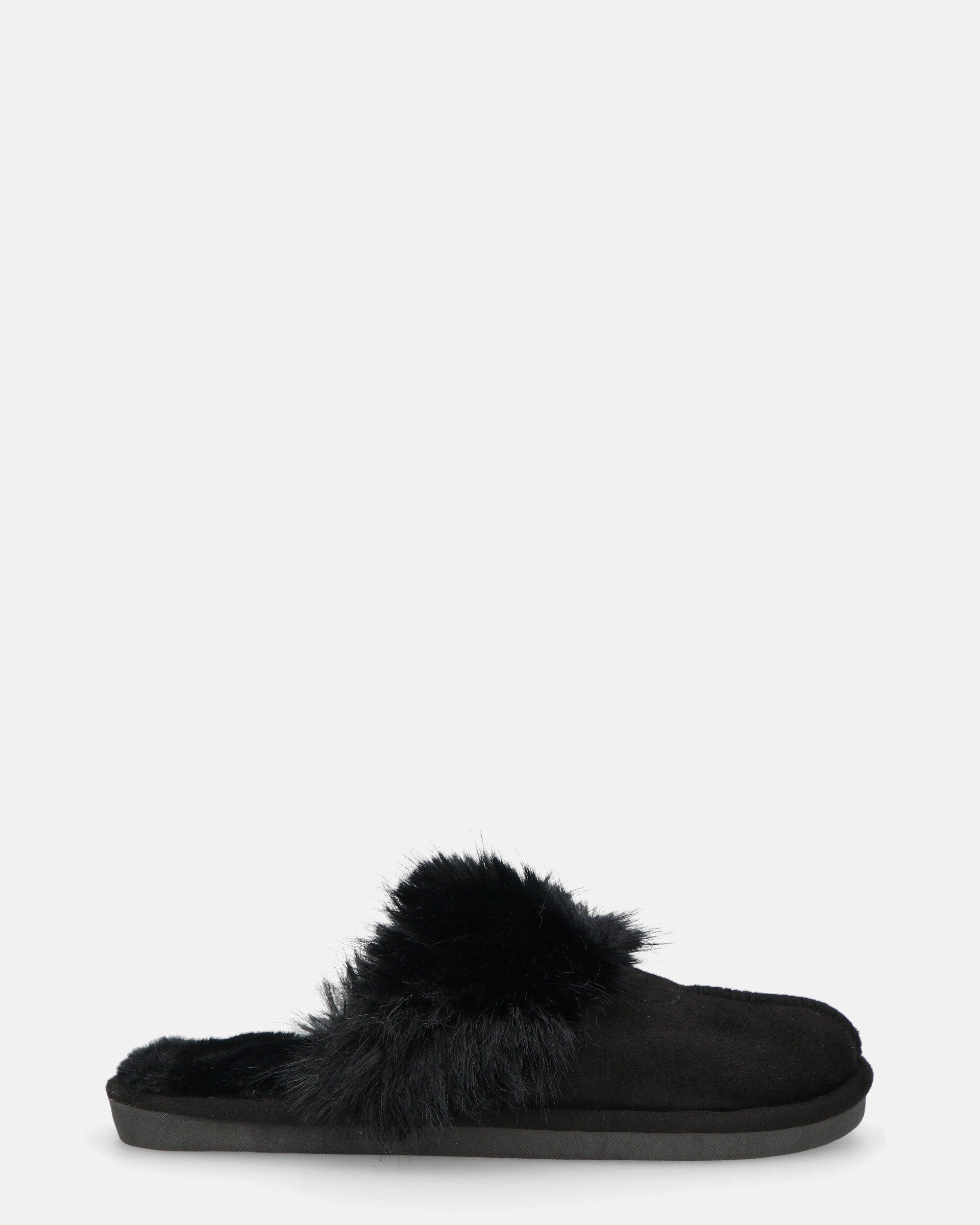 MIDORI - black slippers with fur and suede