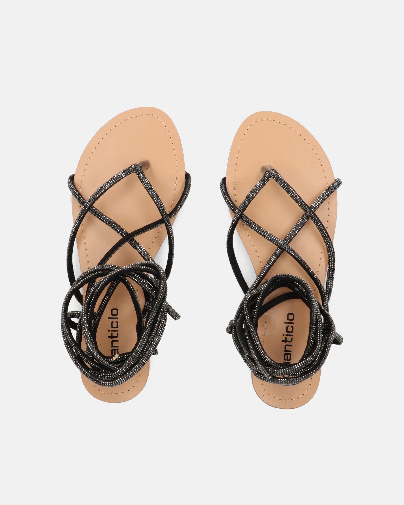 JANIRA - flat sandals with black glitter laces