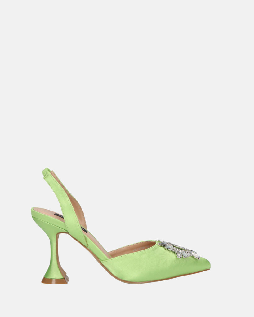 MAGDA - heeled shoe in apple green satin with decorative gems