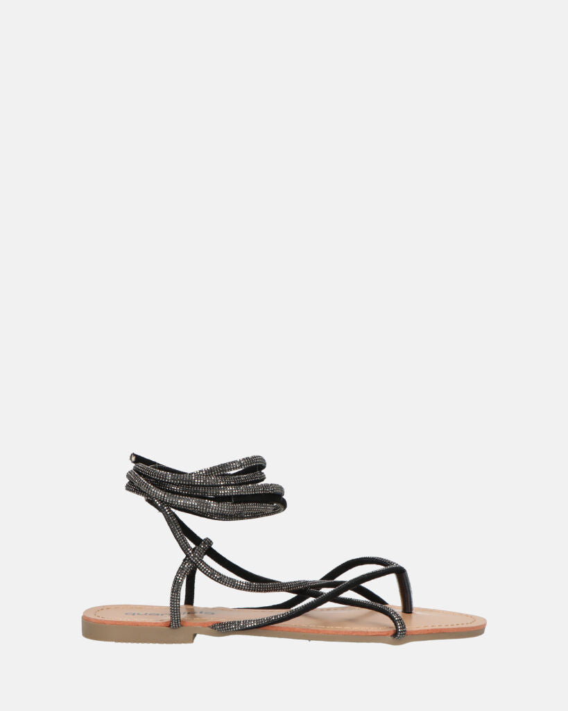 JANIRA - flat sandals with black glitter laces