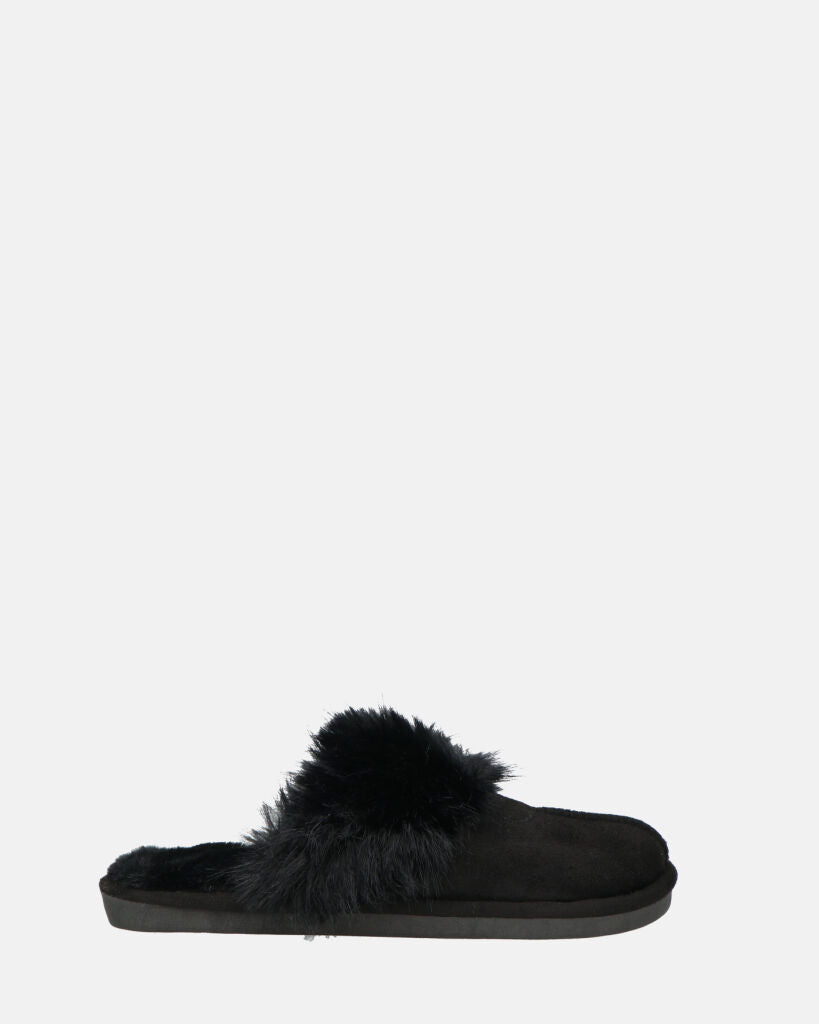 MIDORI - black slippers with fur and suede