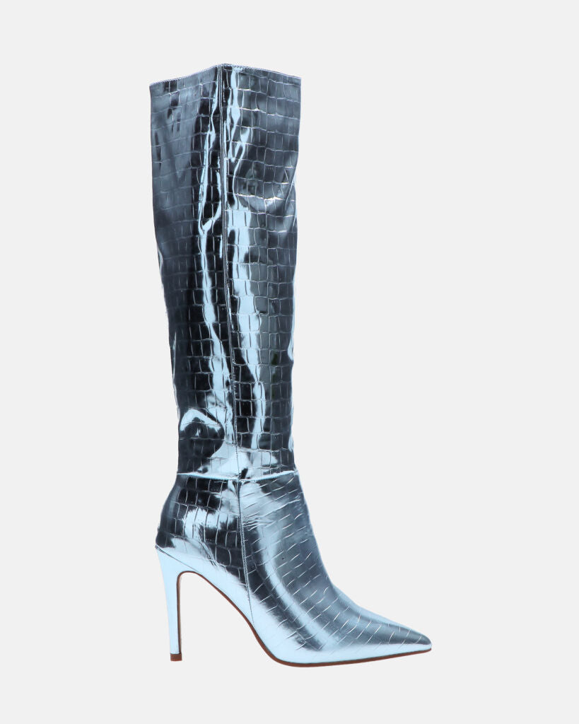 LOLY - blue metallic crocodile print heel boot