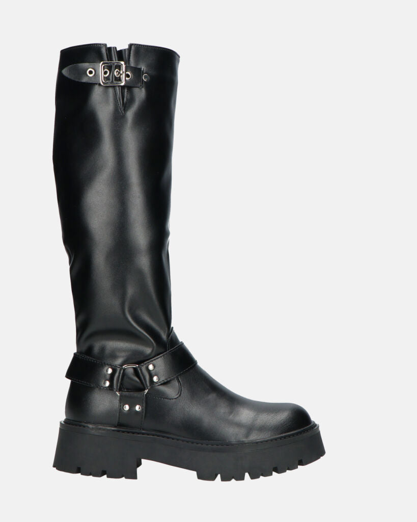 KIMIE - black amphibious high boots with buckle and strap
