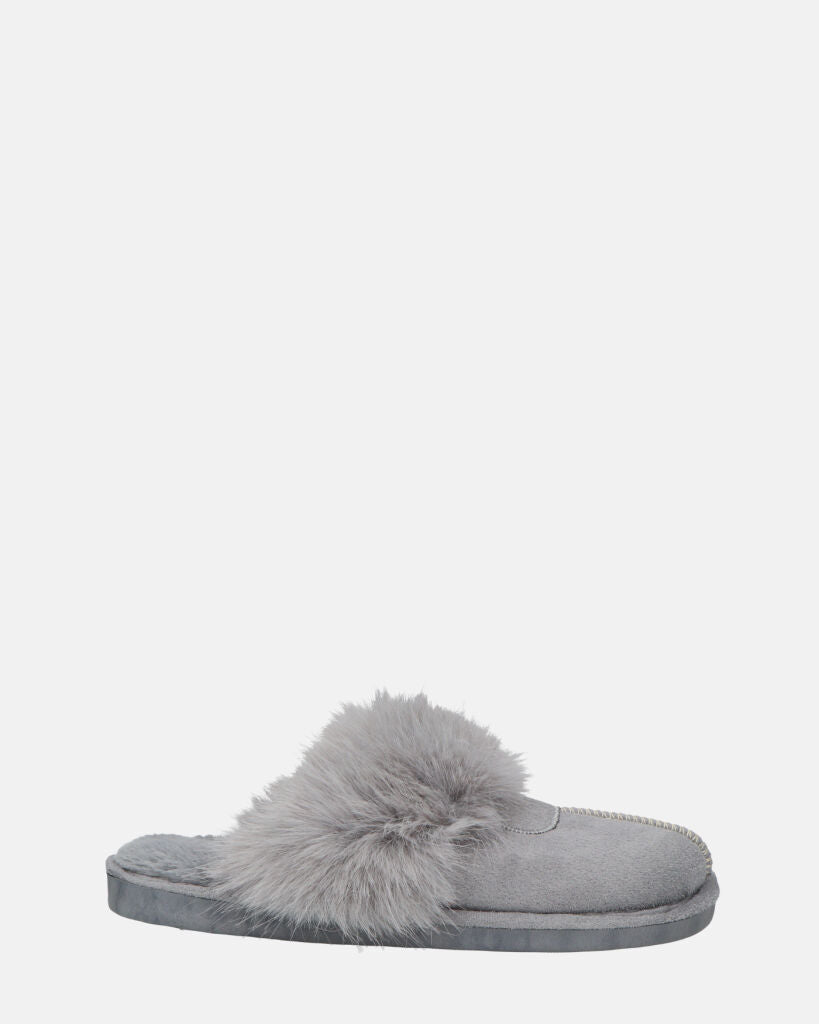 MIDORI - grey slippers with fur and suede