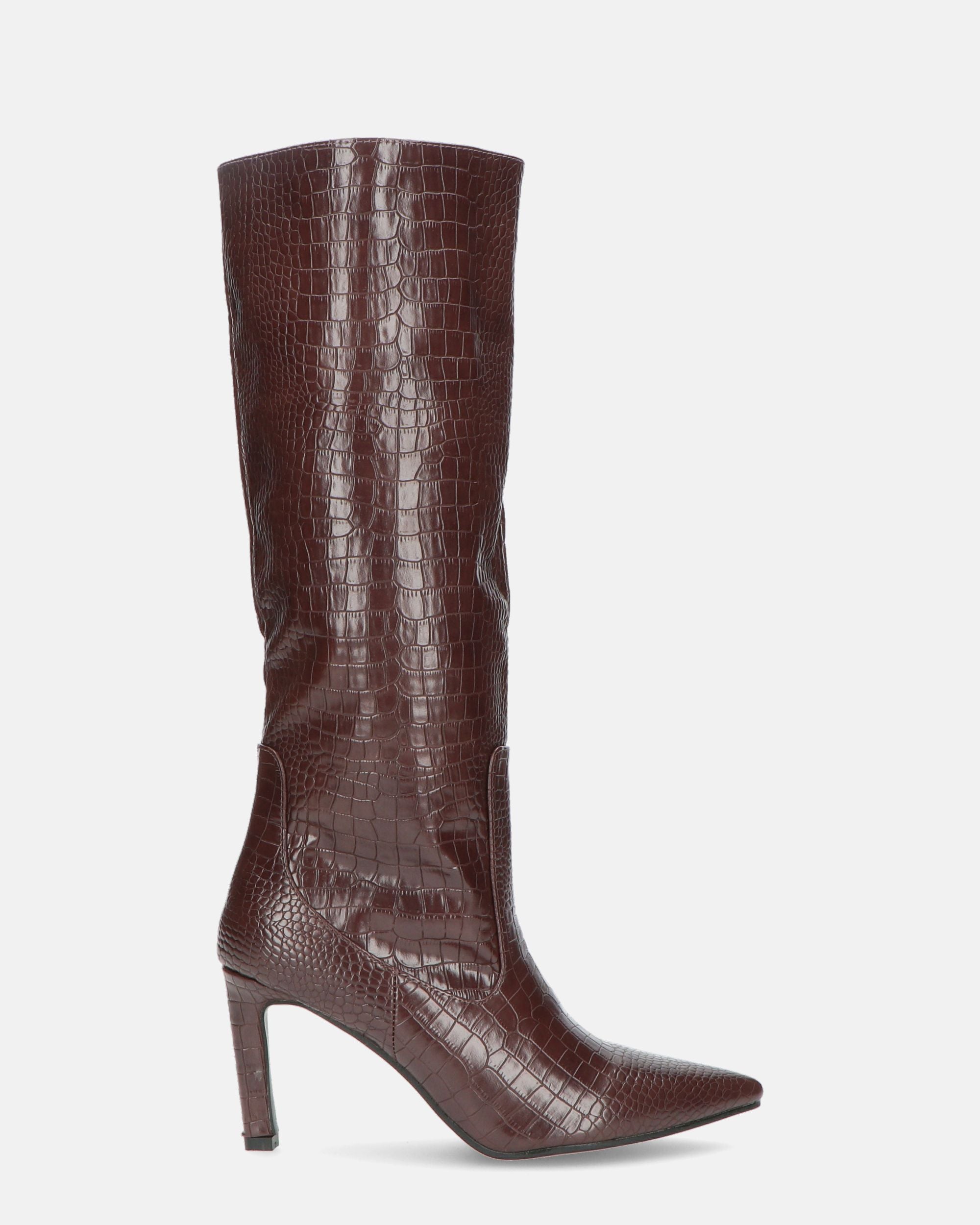 CAROLINE - high heeled boot in dark brown snake