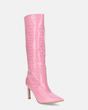 CAROLINE - long heeled boots in pink crocodile