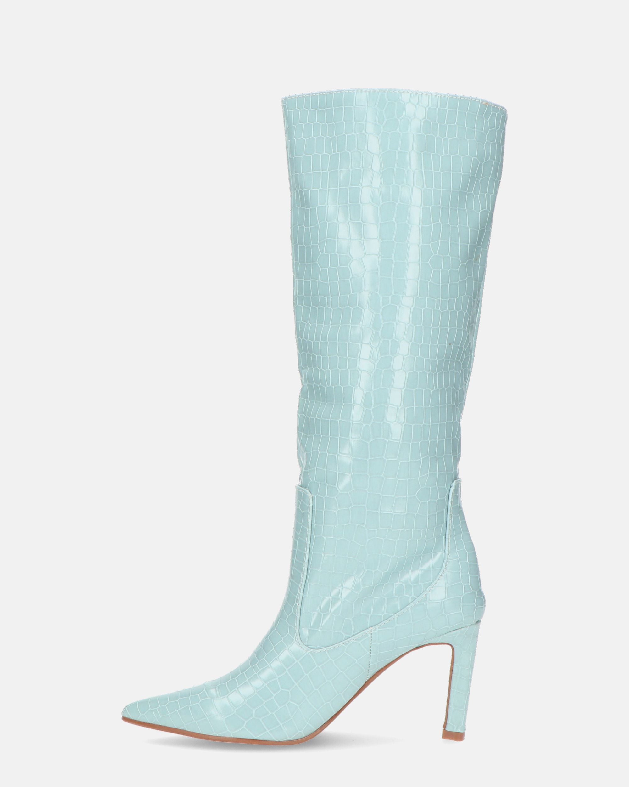 CAROLINE - long heeled boots in light blue crocodile