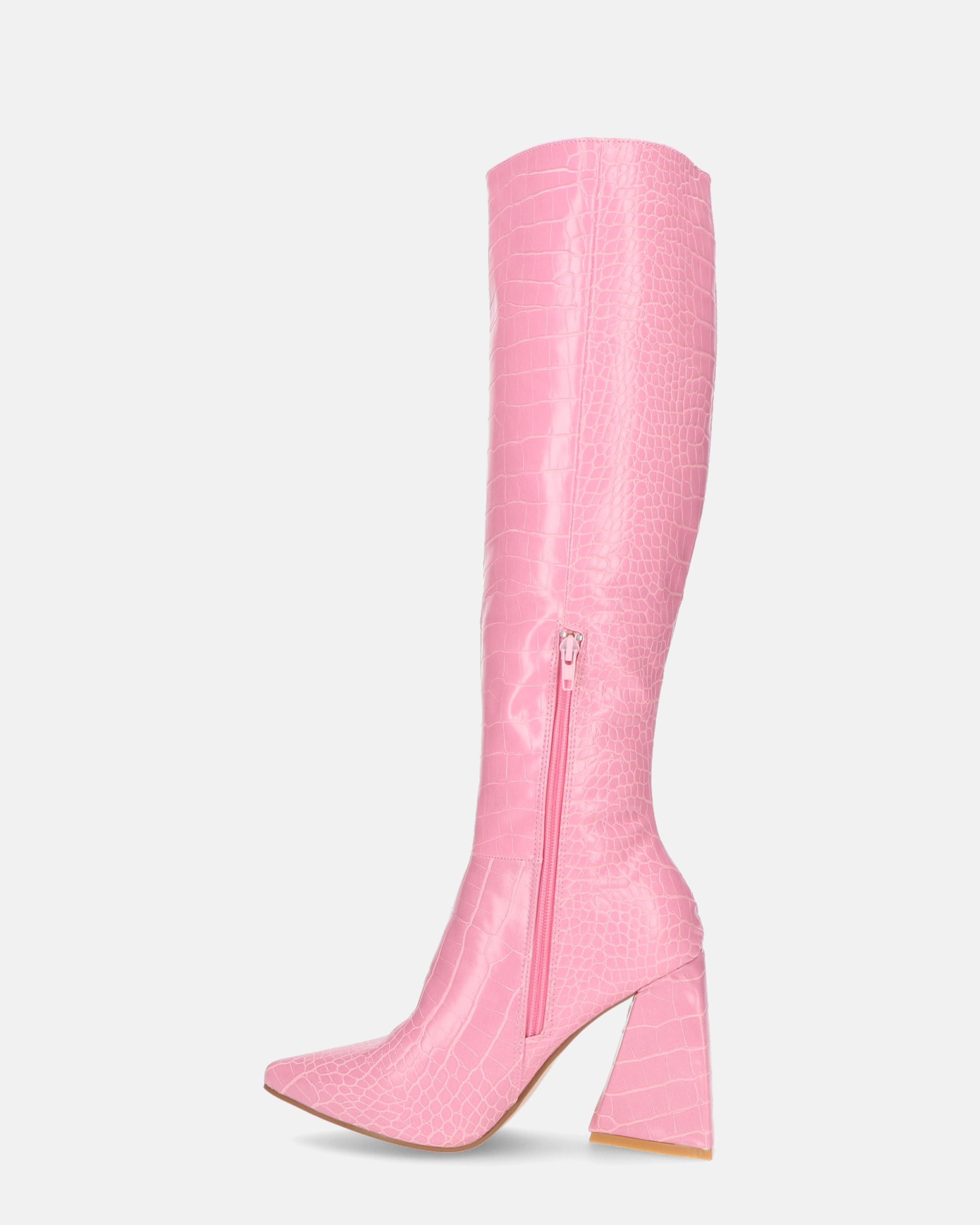 TRUDY - long boots with high heels in pink PU with croc print