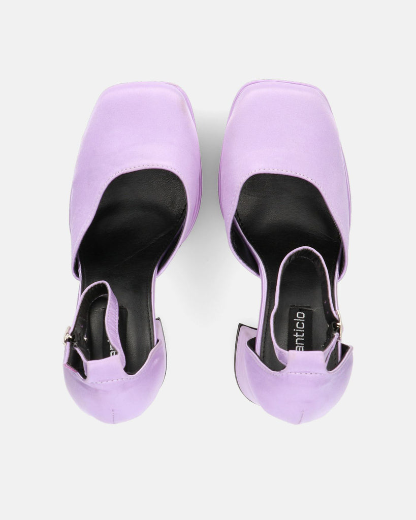 DELANEY - violet décolleté in satin, high heel and double platform