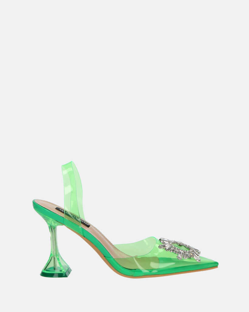 KENAN - green perspex shoes with gemstone decoration on the toe