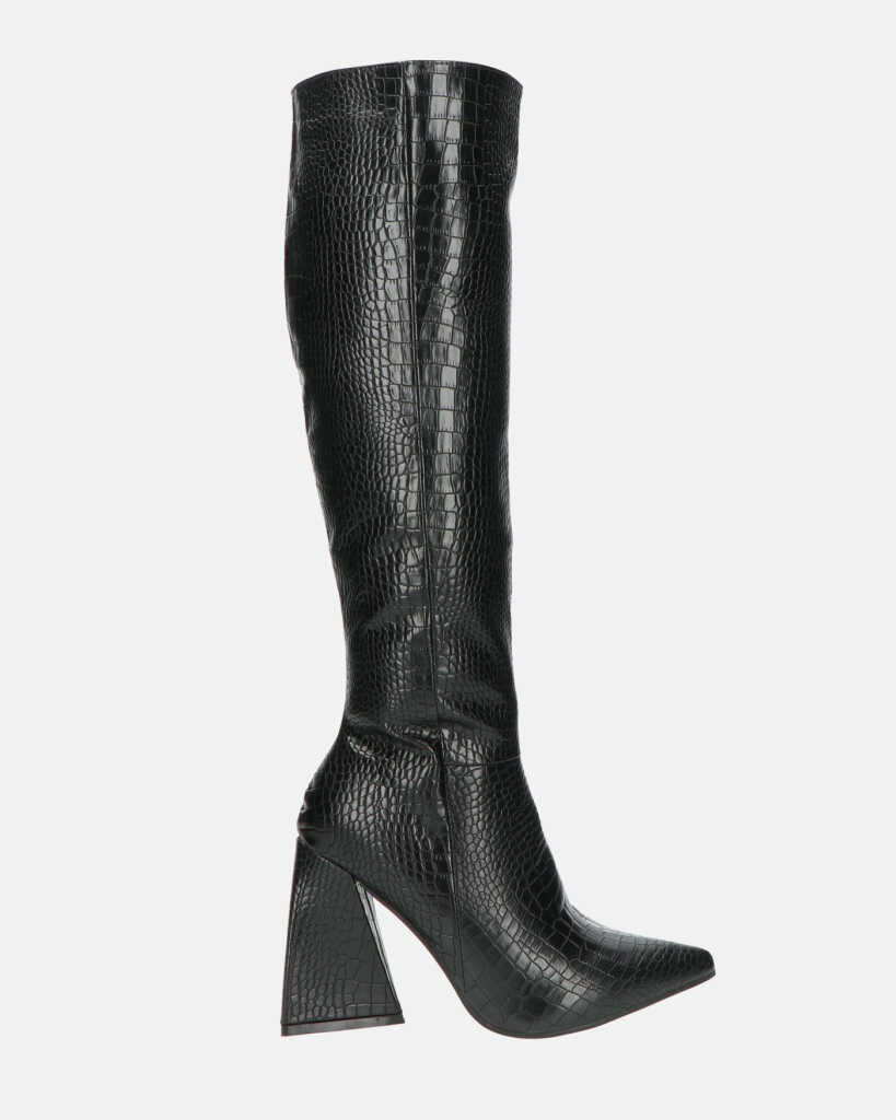 TRUDY - long boots with high heels in black PU with croc print