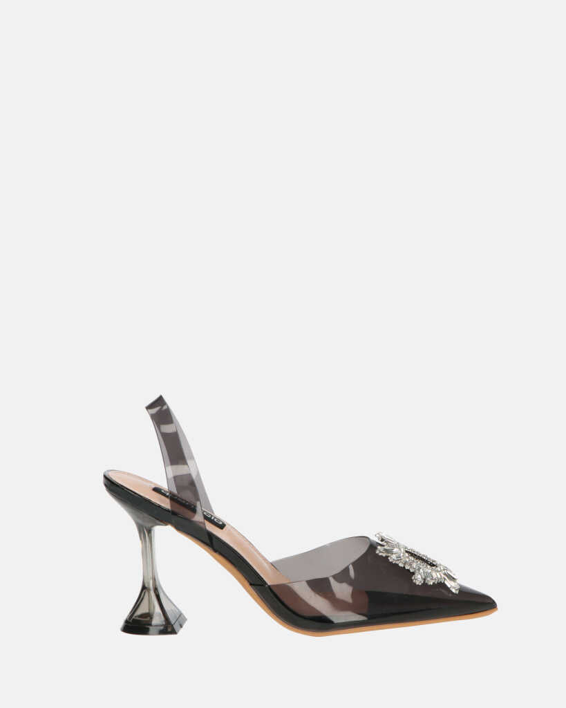KENAN - black perspex shoes with gemstone decoration on the toe