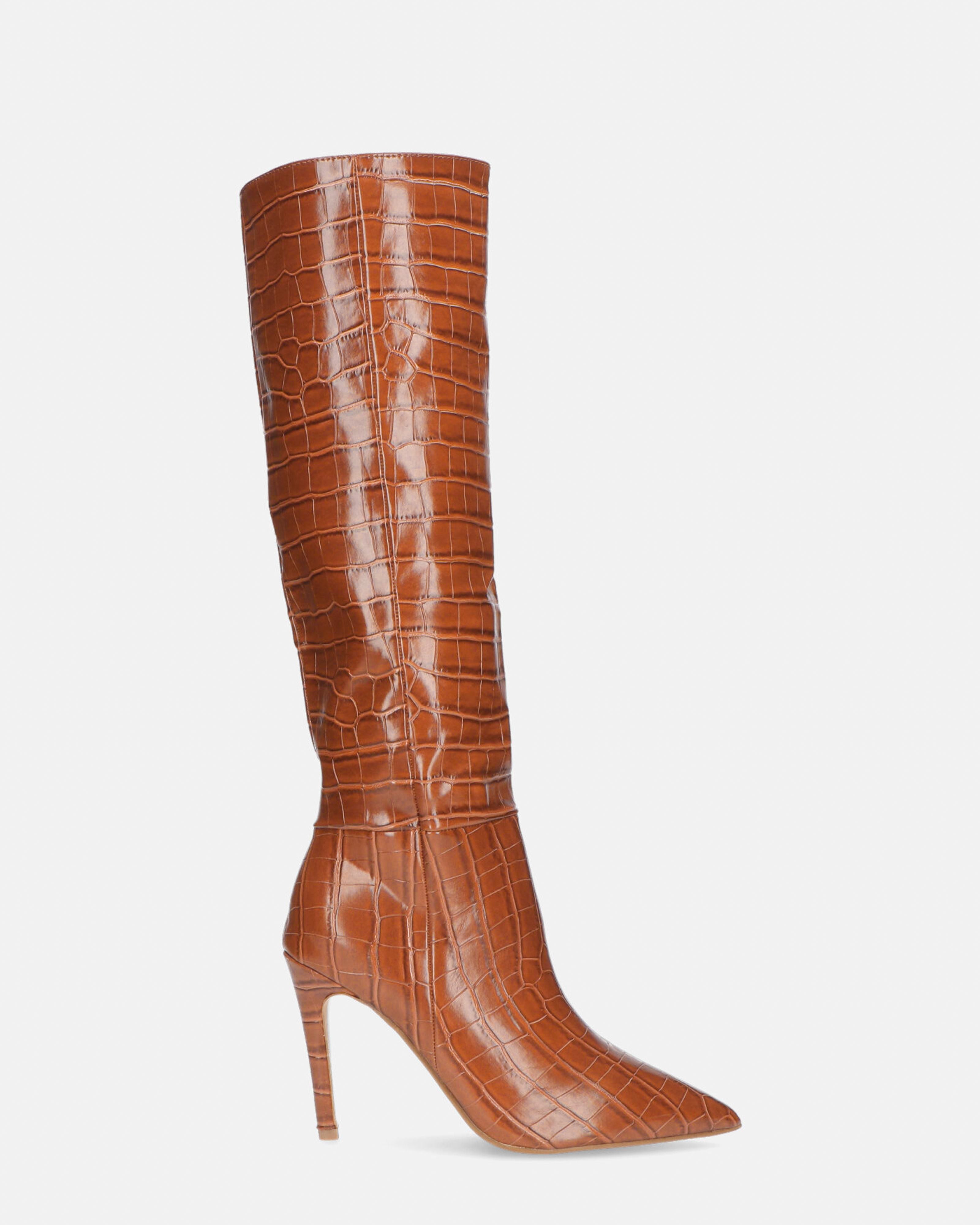 LOLY - brown crocodile print heel boot